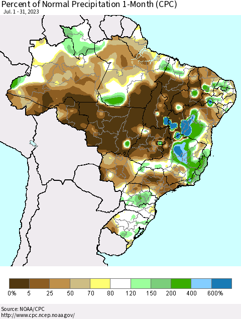 Brazil Percent of Normal Precipitation 1-Month (CPC) Thematic Map For 7/1/2023 - 7/31/2023