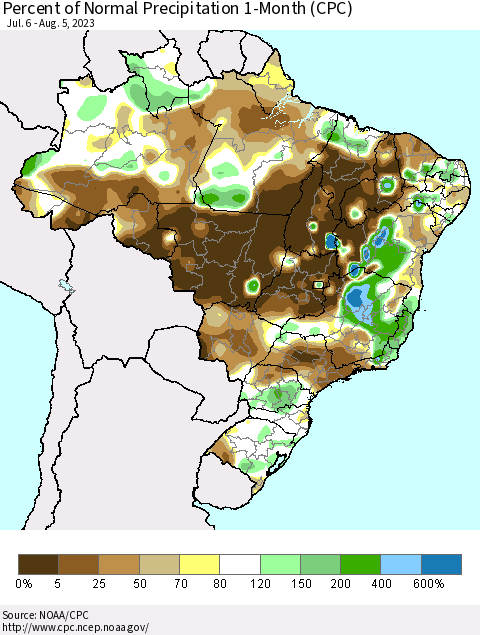 Brazil Percent of Normal Precipitation 1-Month (CPC) Thematic Map For 7/6/2023 - 8/5/2023