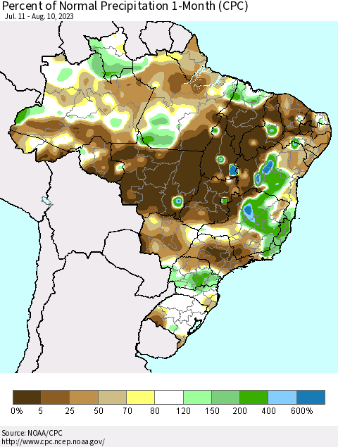 Brazil Percent of Normal Precipitation 1-Month (CPC) Thematic Map For 7/11/2023 - 8/10/2023