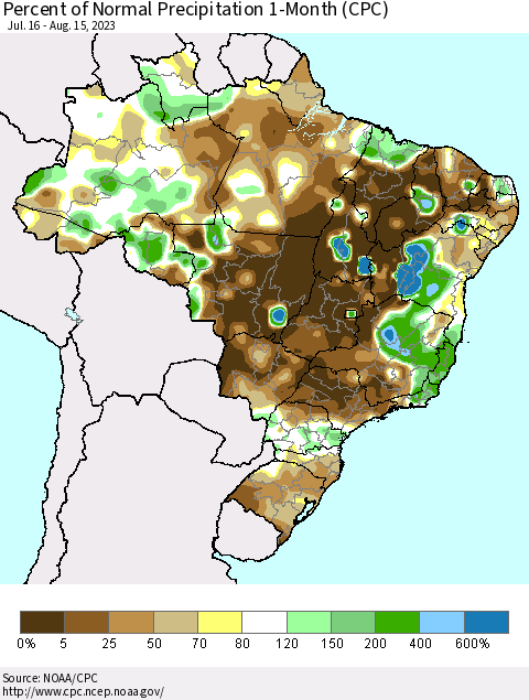 Brazil Percent of Normal Precipitation 1-Month (CPC) Thematic Map For 7/16/2023 - 8/15/2023