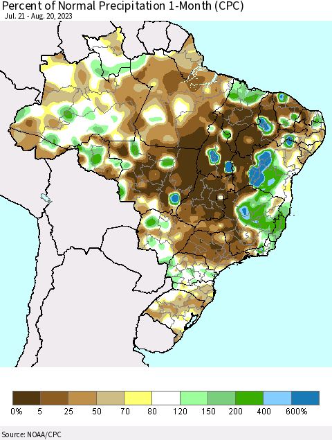 Brazil Percent of Normal Precipitation 1-Month (CPC) Thematic Map For 7/21/2023 - 8/20/2023