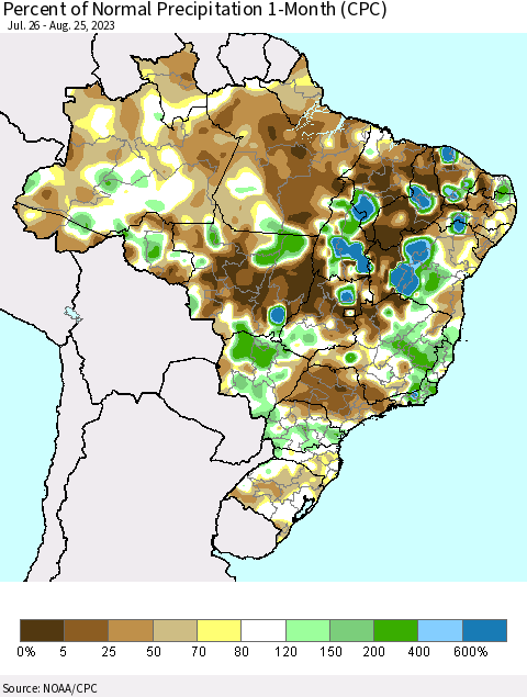 Brazil Percent of Normal Precipitation 1-Month (CPC) Thematic Map For 7/26/2023 - 8/25/2023