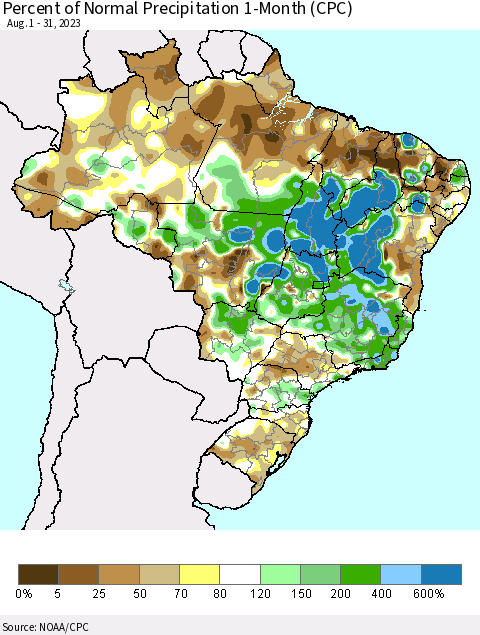 Brazil Percent of Normal Precipitation 1-Month (CPC) Thematic Map For 8/1/2023 - 8/31/2023