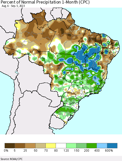 Brazil Percent of Normal Precipitation 1-Month (CPC) Thematic Map For 8/6/2023 - 9/5/2023