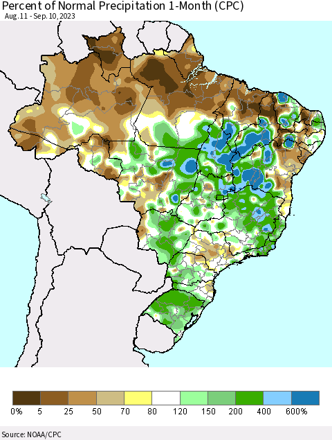 Brazil Percent of Normal Precipitation 1-Month (CPC) Thematic Map For 8/11/2023 - 9/10/2023