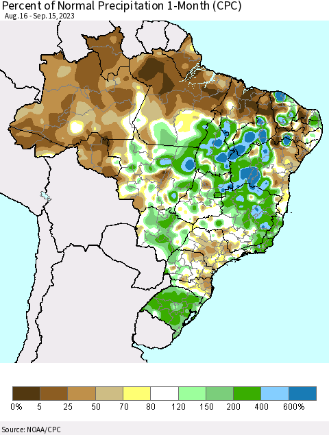Brazil Percent of Normal Precipitation 1-Month (CPC) Thematic Map For 8/16/2023 - 9/15/2023