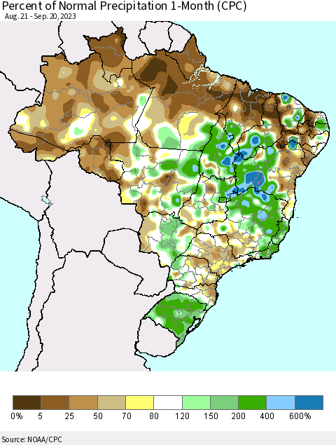 Brazil Percent of Normal Precipitation 1-Month (CPC) Thematic Map For 8/21/2023 - 9/20/2023