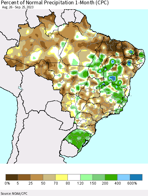 Brazil Percent of Normal Precipitation 1-Month (CPC) Thematic Map For 8/26/2023 - 9/25/2023