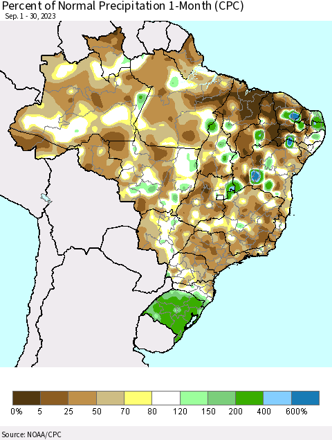 Brazil Percent of Normal Precipitation 1-Month (CPC) Thematic Map For 9/1/2023 - 9/30/2023