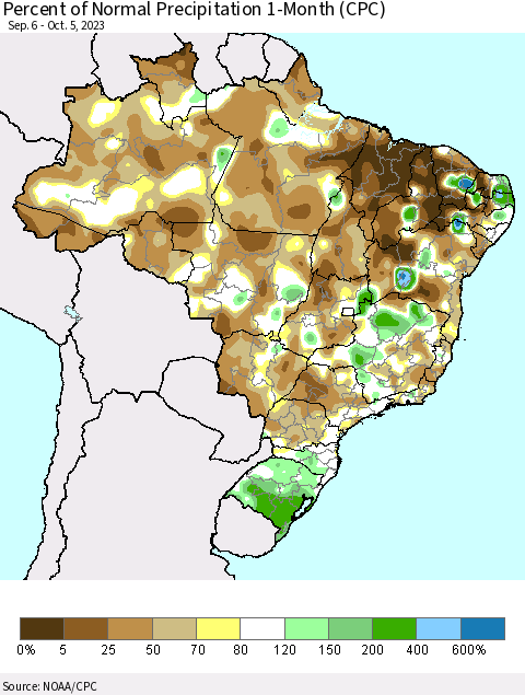 Brazil Percent of Normal Precipitation 1-Month (CPC) Thematic Map For 9/6/2023 - 10/5/2023
