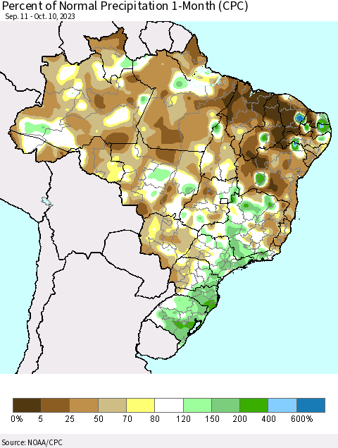 Brazil Percent of Normal Precipitation 1-Month (CPC) Thematic Map For 9/11/2023 - 10/10/2023