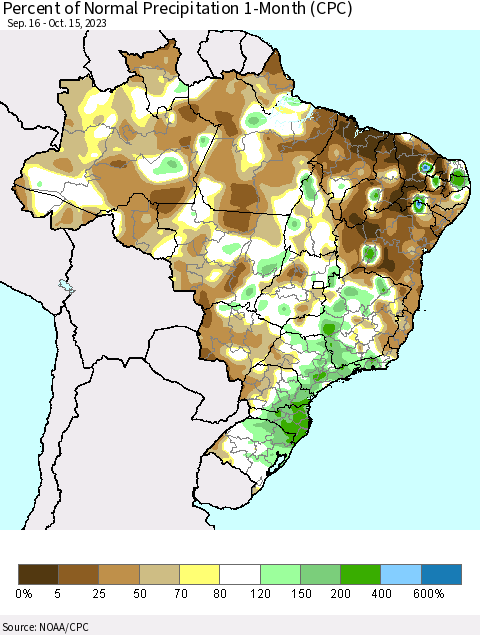 Brazil Percent of Normal Precipitation 1-Month (CPC) Thematic Map For 9/16/2023 - 10/15/2023