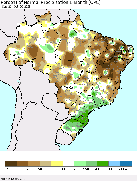 Brazil Percent of Normal Precipitation 1-Month (CPC) Thematic Map For 9/21/2023 - 10/20/2023