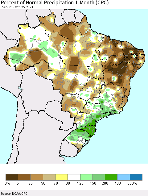 Brazil Percent of Normal Precipitation 1-Month (CPC) Thematic Map For 9/26/2023 - 10/25/2023
