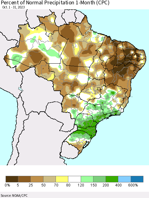 Brazil Percent of Normal Precipitation 1-Month (CPC) Thematic Map For 10/1/2023 - 10/31/2023