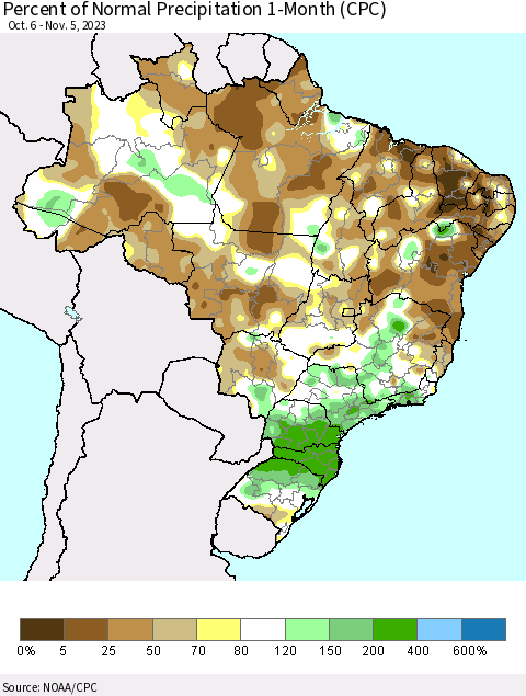 Brazil Percent of Normal Precipitation 1-Month (CPC) Thematic Map For 10/6/2023 - 11/5/2023