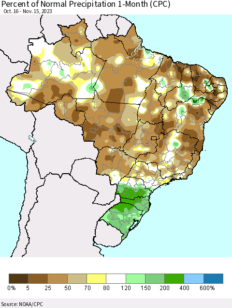 Brazil Percent of Normal Precipitation 1-Month (CPC) Thematic Map For 10/16/2023 - 11/15/2023