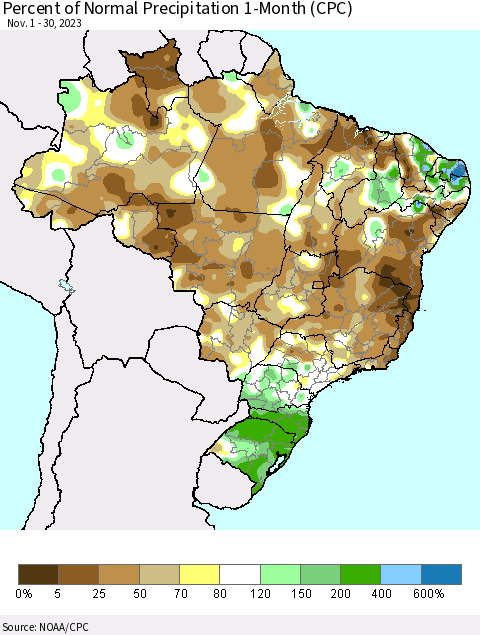 Brazil Percent of Normal Precipitation 1-Month (CPC) Thematic Map For 11/1/2023 - 11/30/2023