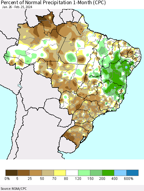 Brazil Percent of Normal Precipitation 1-Month (CPC) Thematic Map For 1/26/2024 - 2/25/2024