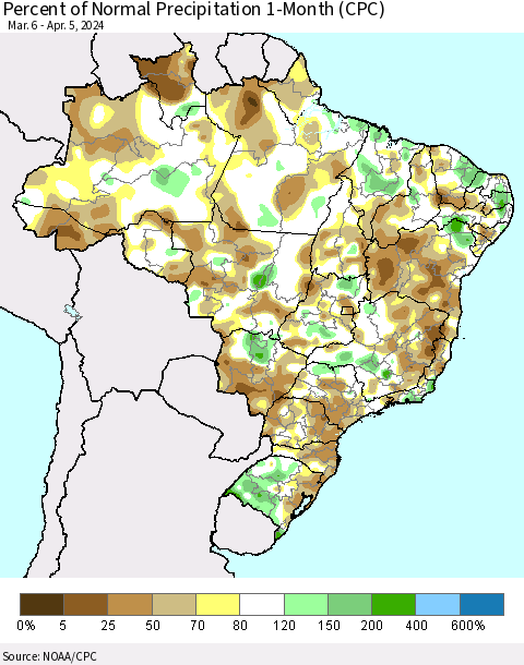 Brazil Percent of Normal Precipitation 1-Month (CPC) Thematic Map For 3/6/2024 - 4/5/2024