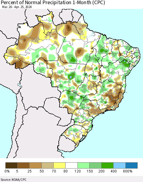 Brazil Percent of Normal Precipitation 1-Month (CPC) Thematic Map For 3/26/2024 - 4/25/2024