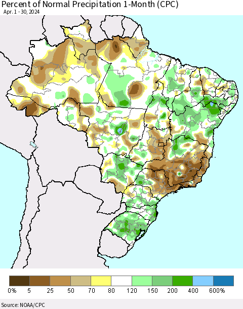 Brazil Percent of Normal Precipitation 1-Month (CPC) Thematic Map For 4/1/2024 - 4/30/2024