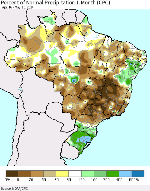 Brazil Percent of Normal Precipitation 1-Month (CPC) Thematic Map For 4/16/2024 - 5/15/2024
