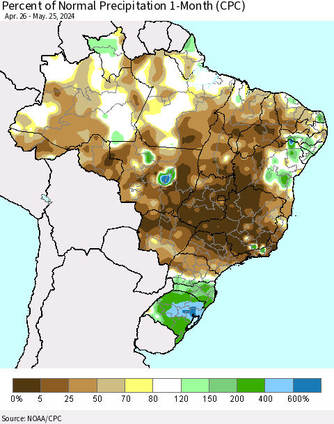 Brazil Percent of Normal Precipitation 1-Month (CPC) Thematic Map For 4/26/2024 - 5/25/2024