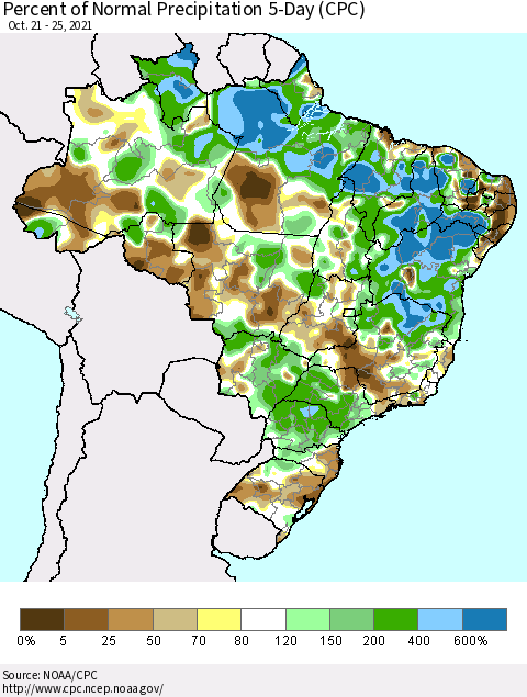 Brazil Percent of Normal Precipitation 5-Day (CPC) Thematic Map For 10/21/2021 - 10/25/2021
