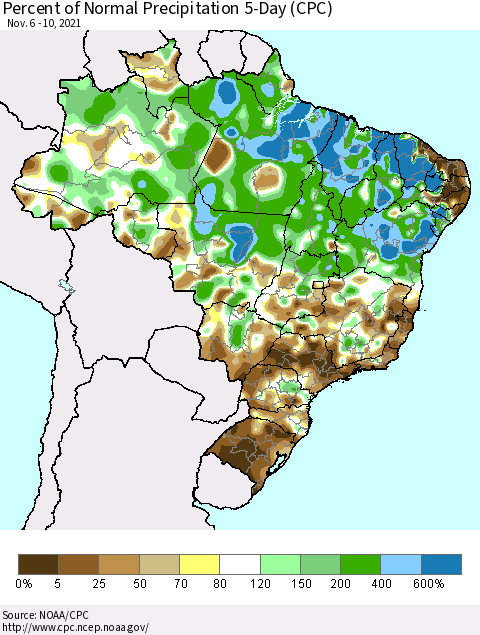 Brazil Percent of Normal Precipitation 5-Day (CPC) Thematic Map For 11/6/2021 - 11/10/2021