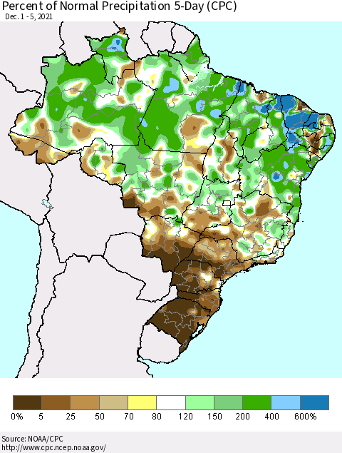 Brazil Percent of Normal Precipitation 5-Day (CPC) Thematic Map For 12/1/2021 - 12/5/2021