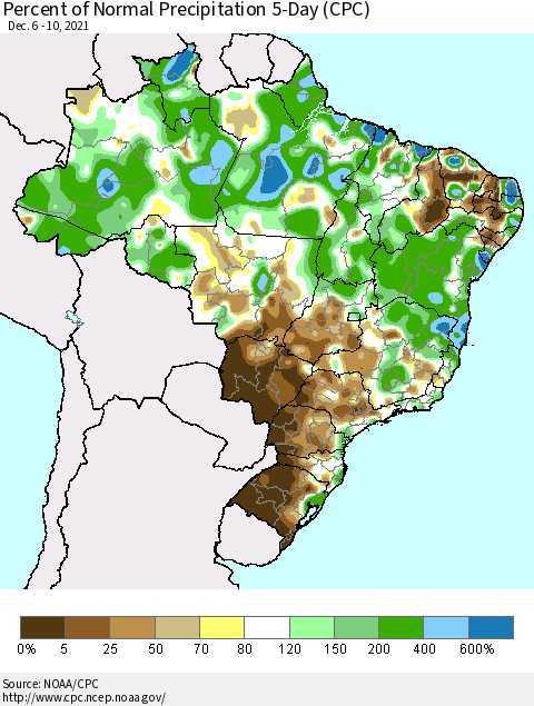 Brazil Percent of Normal Precipitation 5-Day (CPC) Thematic Map For 12/6/2021 - 12/10/2021