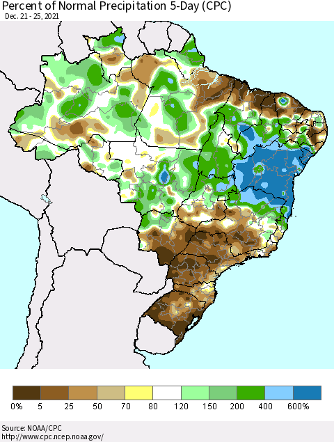 Brazil Percent of Normal Precipitation 5-Day (CPC) Thematic Map For 12/21/2021 - 12/25/2021