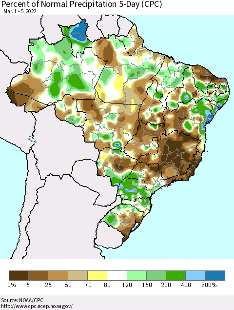 Brazil Percent of Normal Precipitation 5-Day (CPC) Thematic Map For 3/1/2022 - 3/5/2022