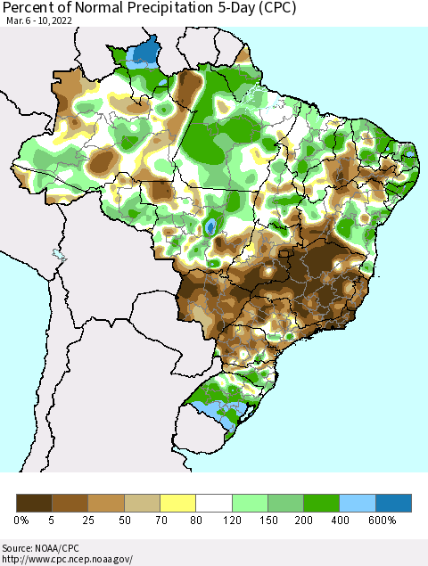 Brazil Percent of Normal Precipitation 5-Day (CPC) Thematic Map For 3/6/2022 - 3/10/2022