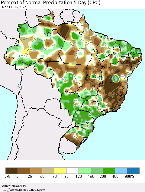 Brazil Percent of Normal Precipitation 5-Day (CPC) Thematic Map For 3/11/2022 - 3/15/2022