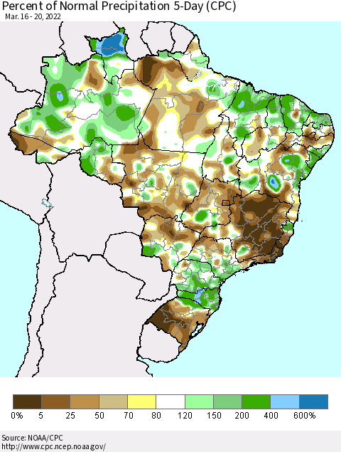 Brazil Percent of Normal Precipitation 5-Day (CPC) Thematic Map For 3/16/2022 - 3/20/2022