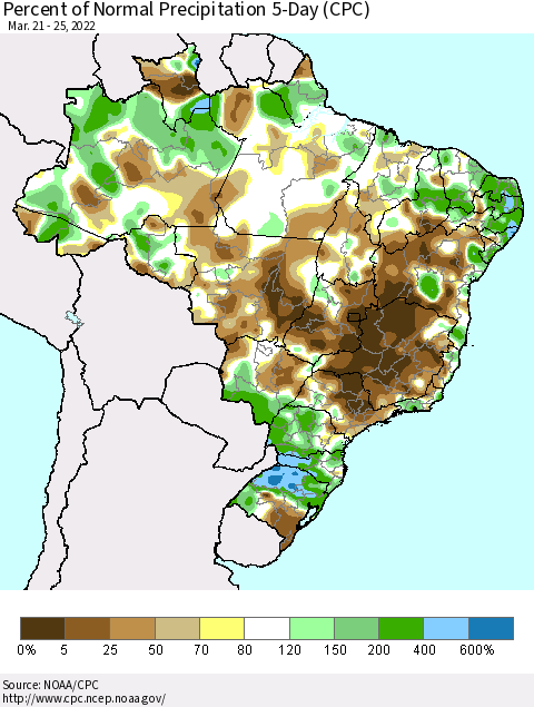 Brazil Percent of Normal Precipitation 5-Day (CPC) Thematic Map For 3/21/2022 - 3/25/2022