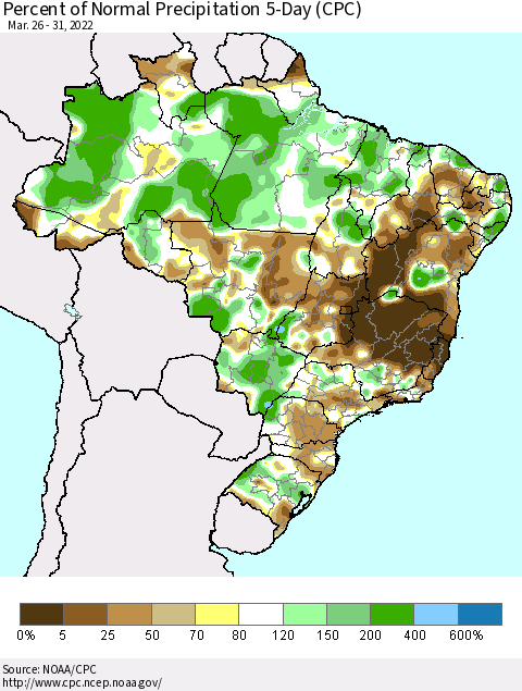 Brazil Percent of Normal Precipitation 5-Day (CPC) Thematic Map For 3/26/2022 - 3/31/2022