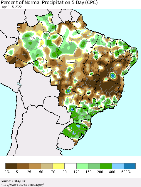 Brazil Percent of Normal Precipitation 5-Day (CPC) Thematic Map For 4/1/2022 - 4/5/2022