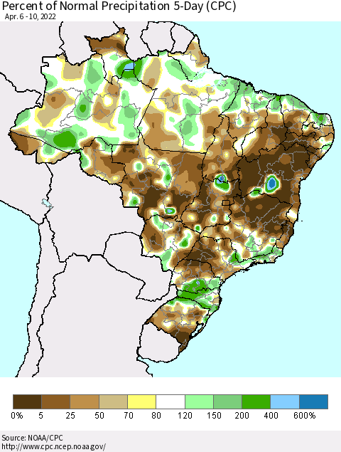 Brazil Percent of Normal Precipitation 5-Day (CPC) Thematic Map For 4/6/2022 - 4/10/2022