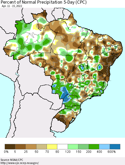 Brazil Percent of Normal Precipitation 5-Day (CPC) Thematic Map For 4/11/2022 - 4/15/2022