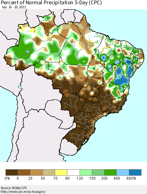 Brazil Percent of Normal Precipitation 5-Day (CPC) Thematic Map For 4/16/2022 - 4/20/2022