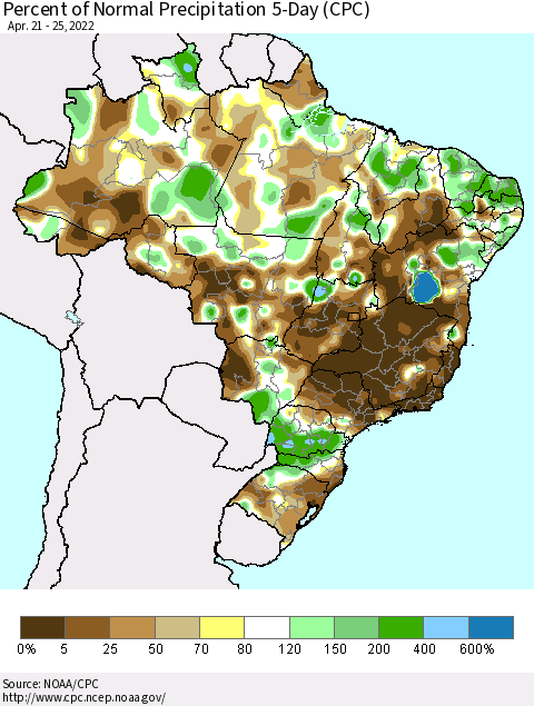 Brazil Percent of Normal Precipitation 5-Day (CPC) Thematic Map For 4/21/2022 - 4/25/2022