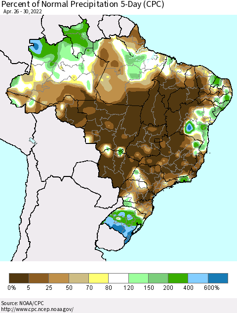 Brazil Percent of Normal Precipitation 5-Day (CPC) Thematic Map For 4/26/2022 - 4/30/2022