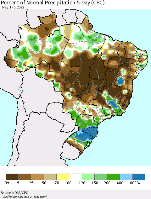 Brazil Percent of Normal Precipitation 5-Day (CPC) Thematic Map For 5/1/2022 - 5/5/2022