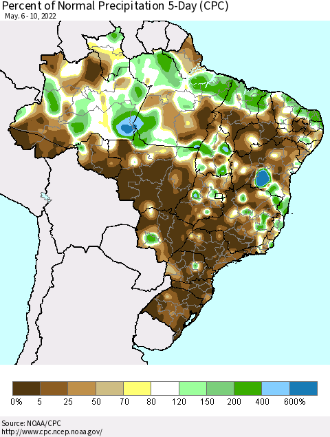Brazil Percent of Normal Precipitation 5-Day (CPC) Thematic Map For 5/6/2022 - 5/10/2022
