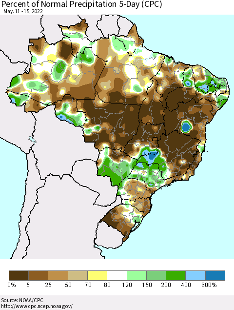 Brazil Percent of Normal Precipitation 5-Day (CPC) Thematic Map For 5/11/2022 - 5/15/2022
