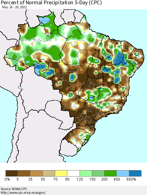 Brazil Percent of Normal Precipitation 5-Day (CPC) Thematic Map For 5/16/2022 - 5/20/2022