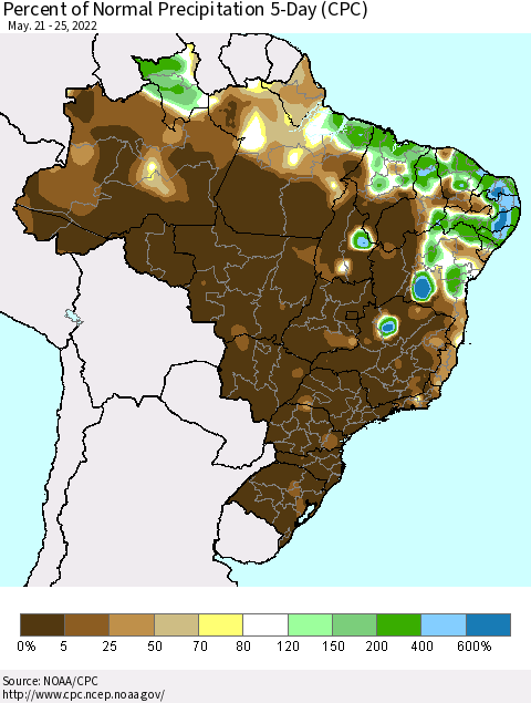 Brazil Percent of Normal Precipitation 5-Day (CPC) Thematic Map For 5/21/2022 - 5/25/2022
